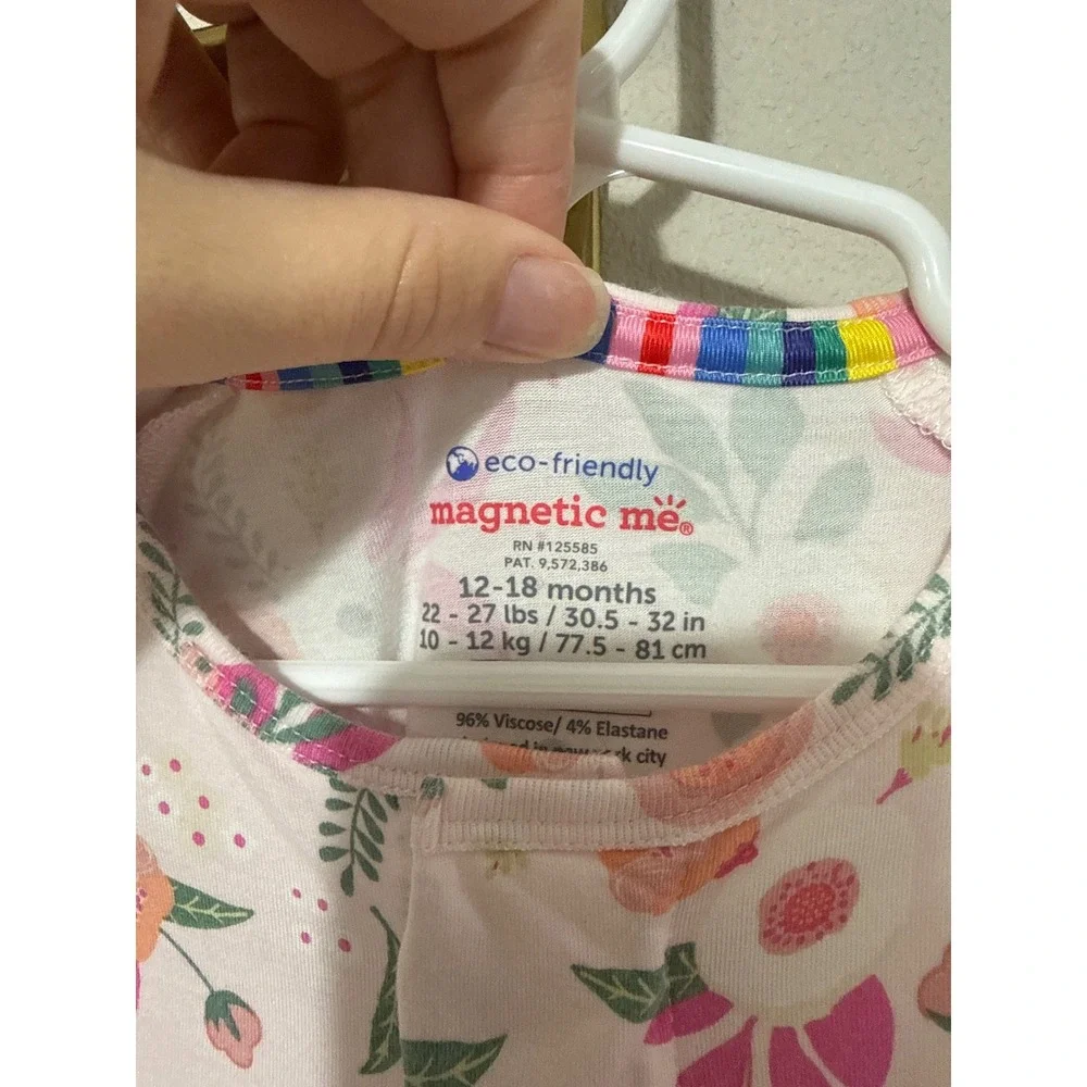 Magnetic Me Footie Baby Girl 12-18 Months Pink Floral Bamboo Magnetic Closure